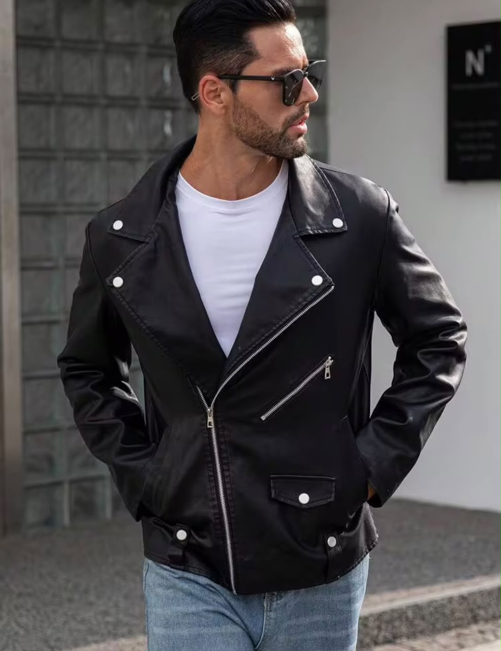 Black Leather Jacket with Shiny Zip