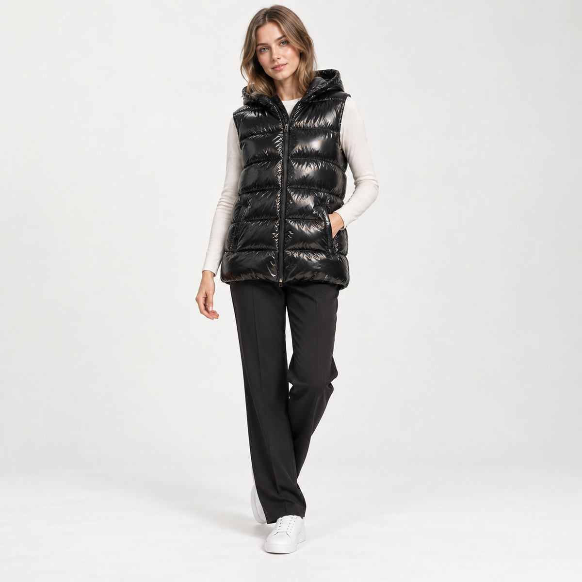Black Shiny Padded Jacket with Removable Hood