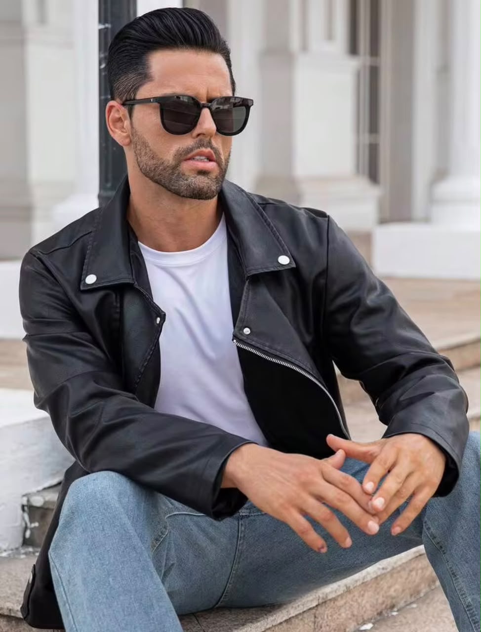 Black Leather Jacket with Shiny Zip
