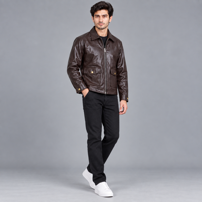 Brown Leather Jacket with Metallic Zip