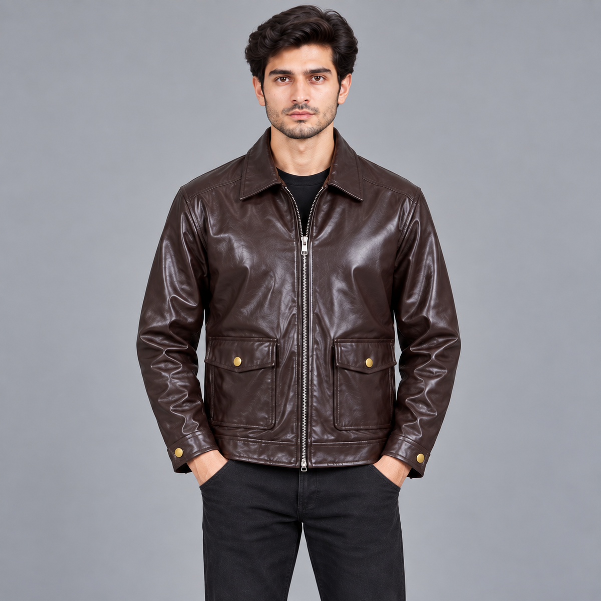 Brown Leather Jacket with Metallic Zip