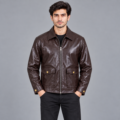 Brown Leather Jacket with Metallic Zip
