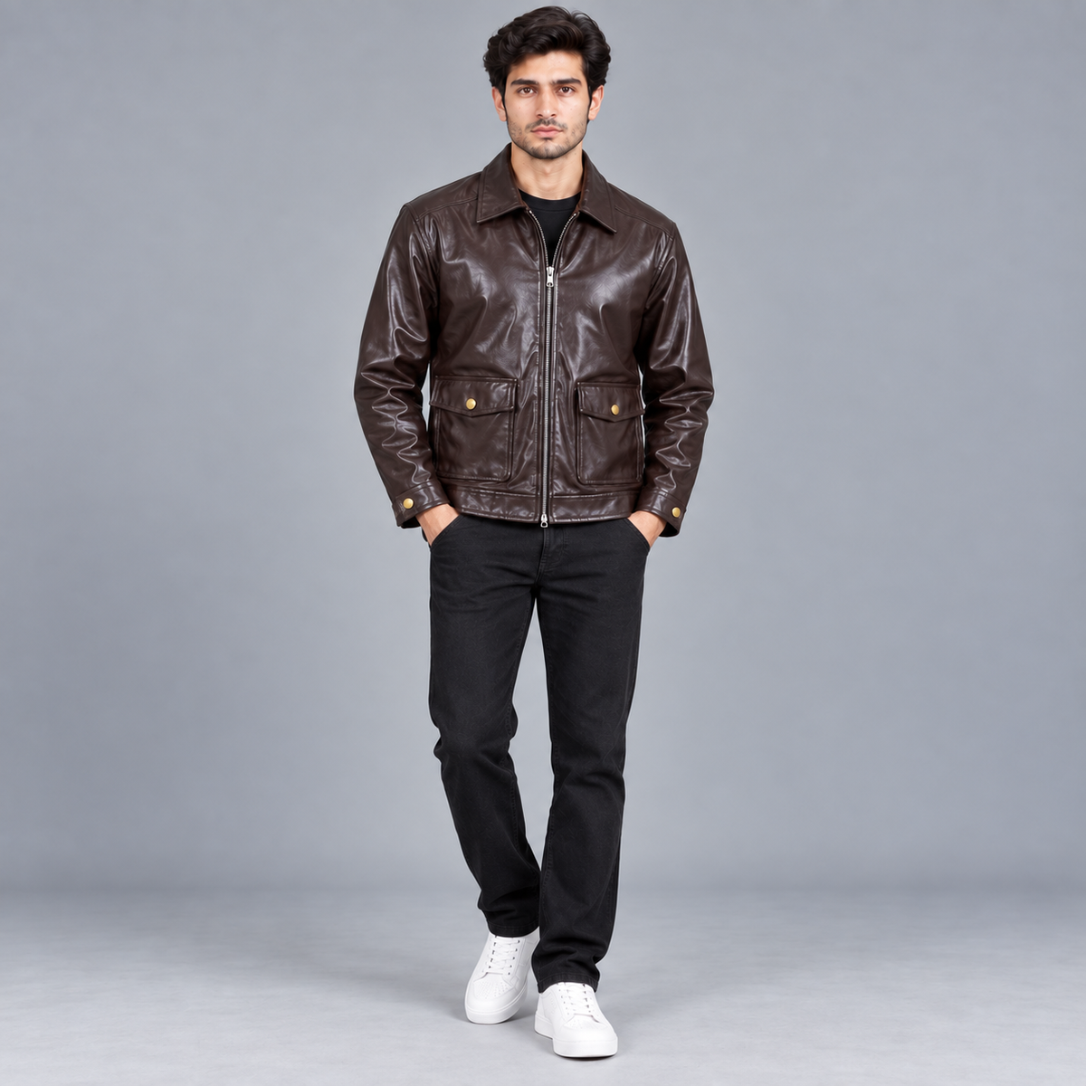 Brown Leather Jacket with Metallic Zip