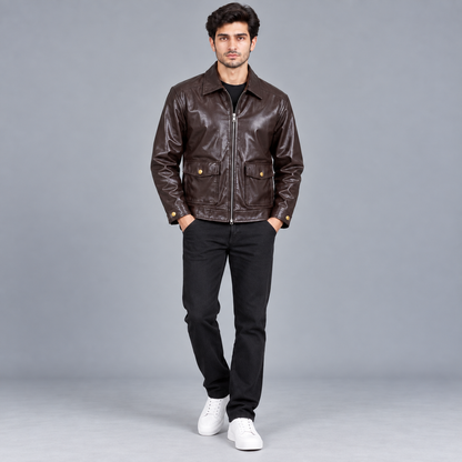 Brown Leather Jacket with Metallic Zip