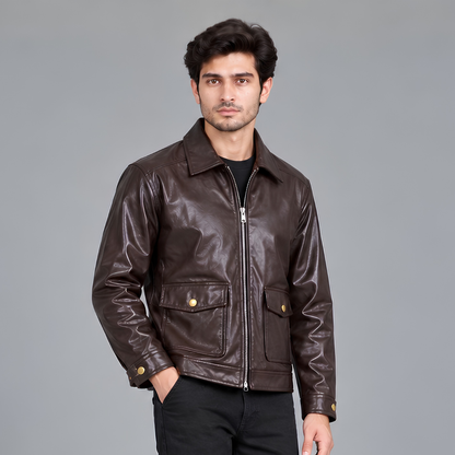 Brown Leather Jacket with Metallic Zip