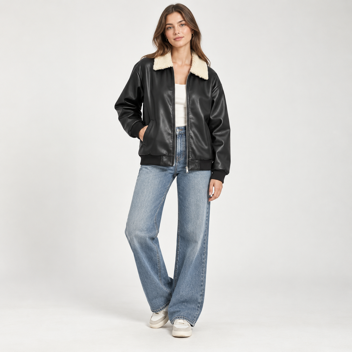 Leather Jacket with White Furr Collar