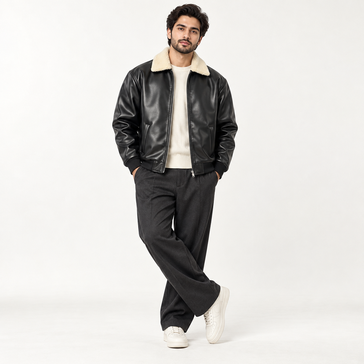 Leather Jacket with White Furr Collar