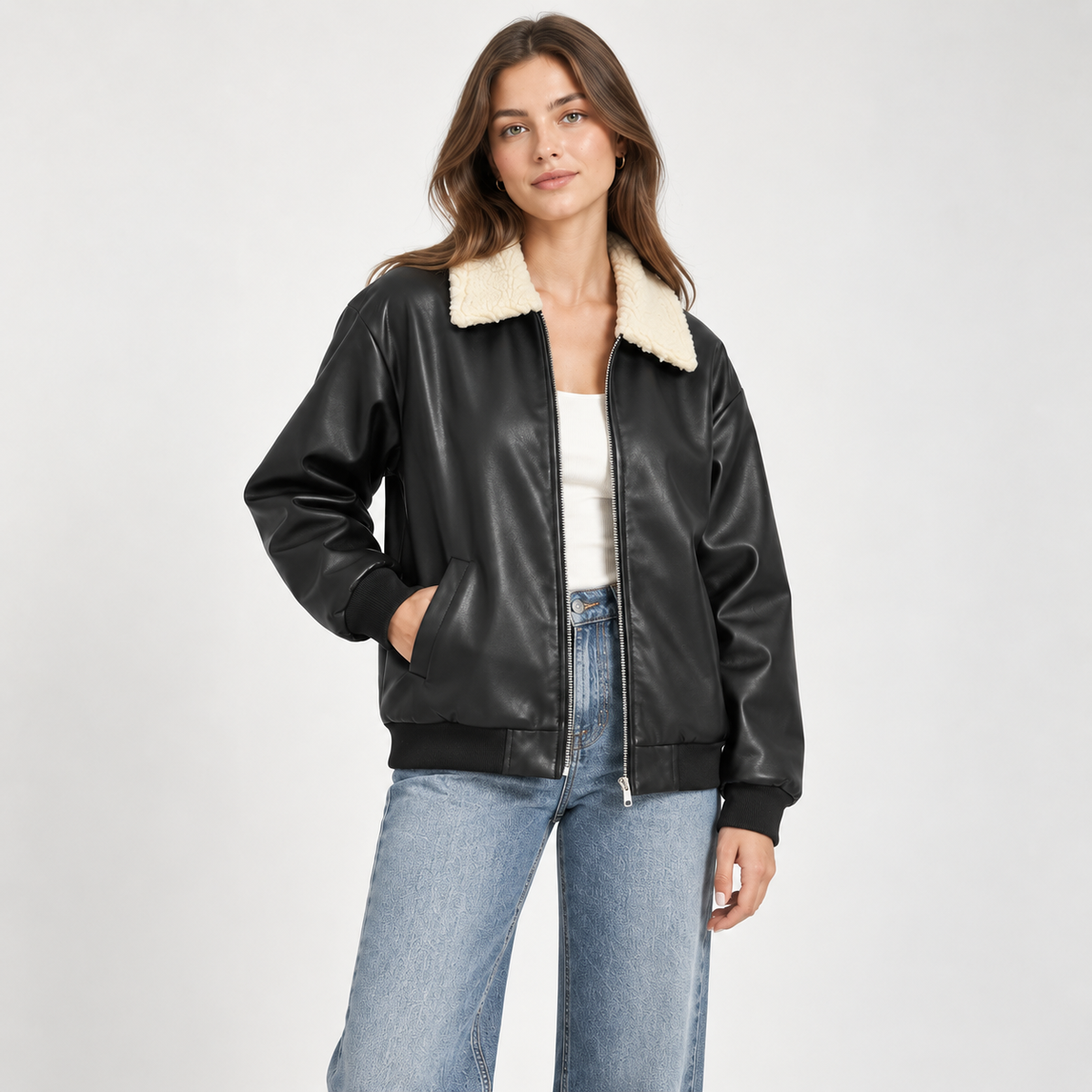 Leather Jacket with White Furr Collar