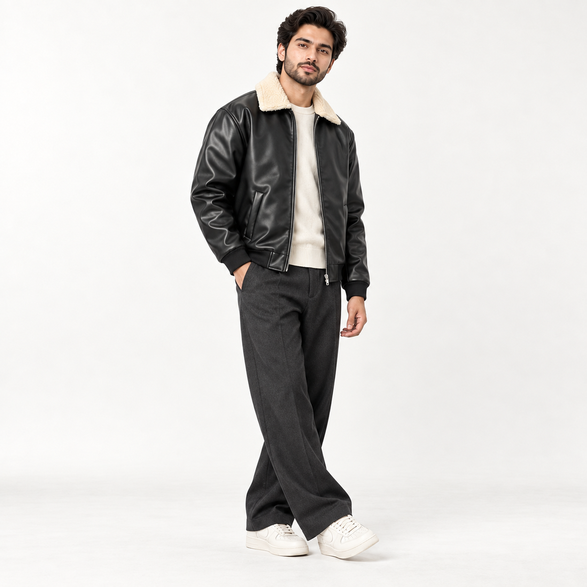 Leather Jacket with White Furr Collar