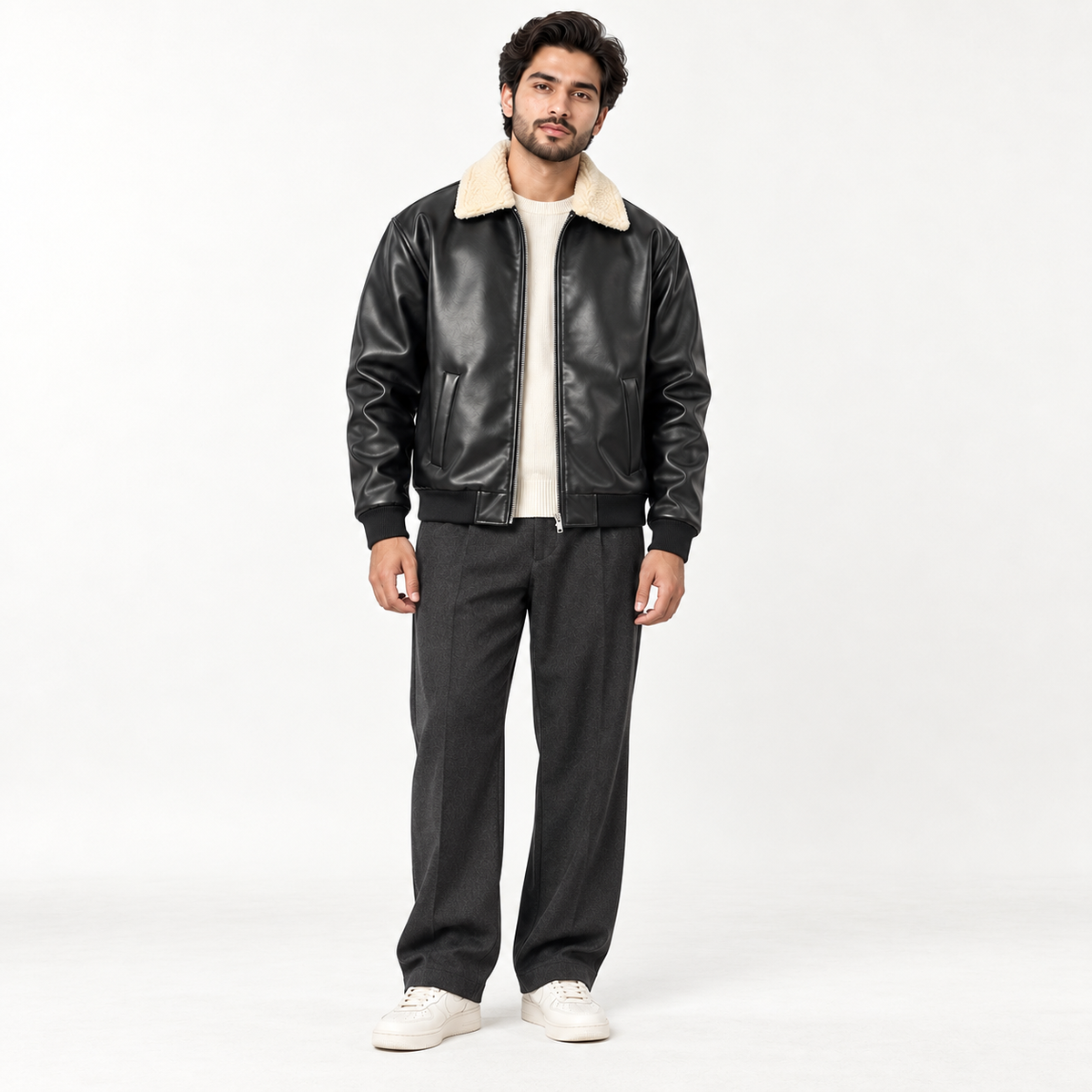 Leather Jacket with White Furr Collar