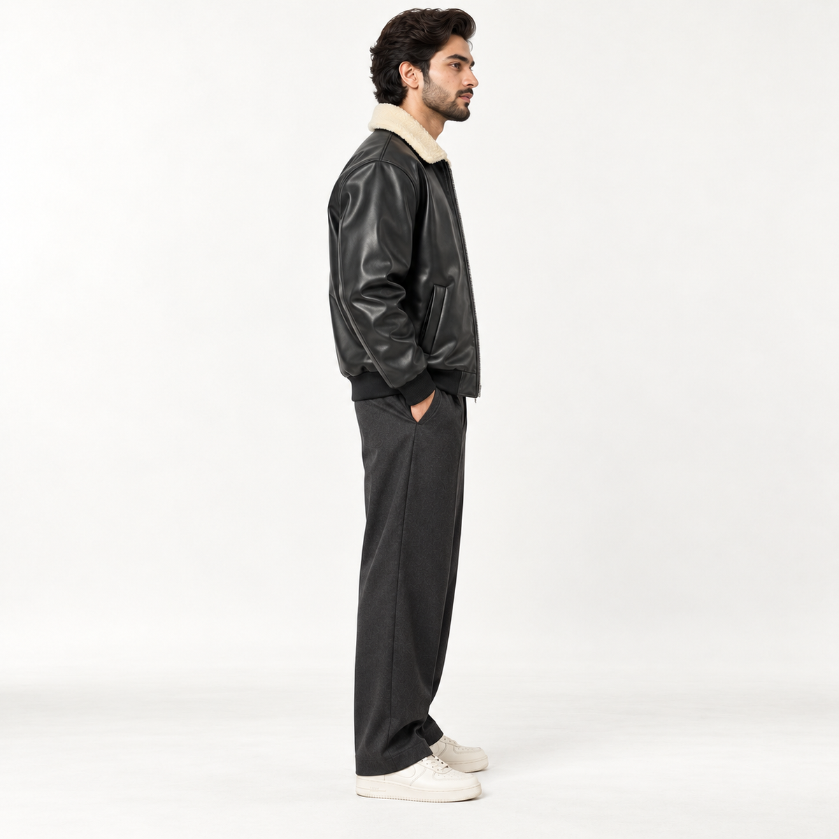 Leather Jacket with White Furr Collar