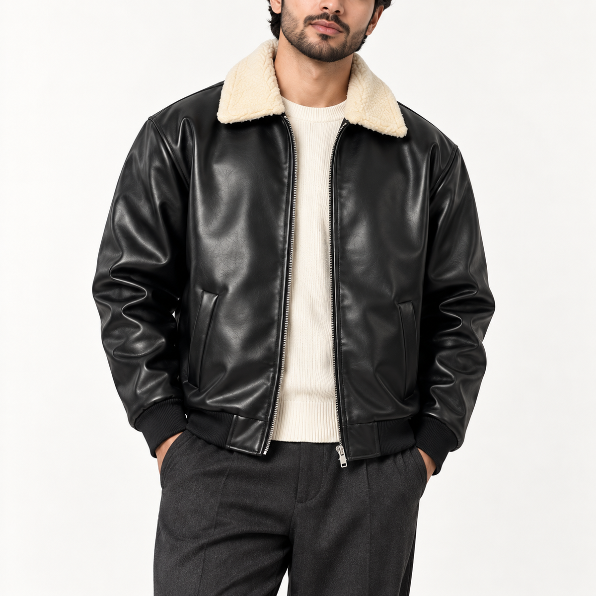 Leather Jacket with White Furr Collar