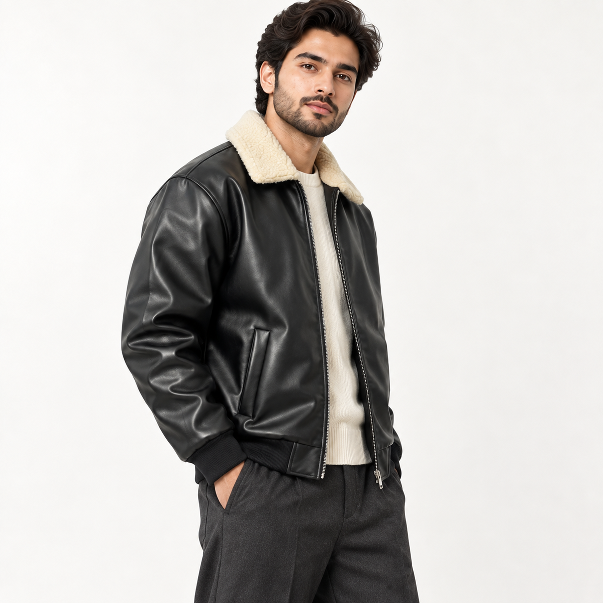 Leather Jacket with White Furr Collar