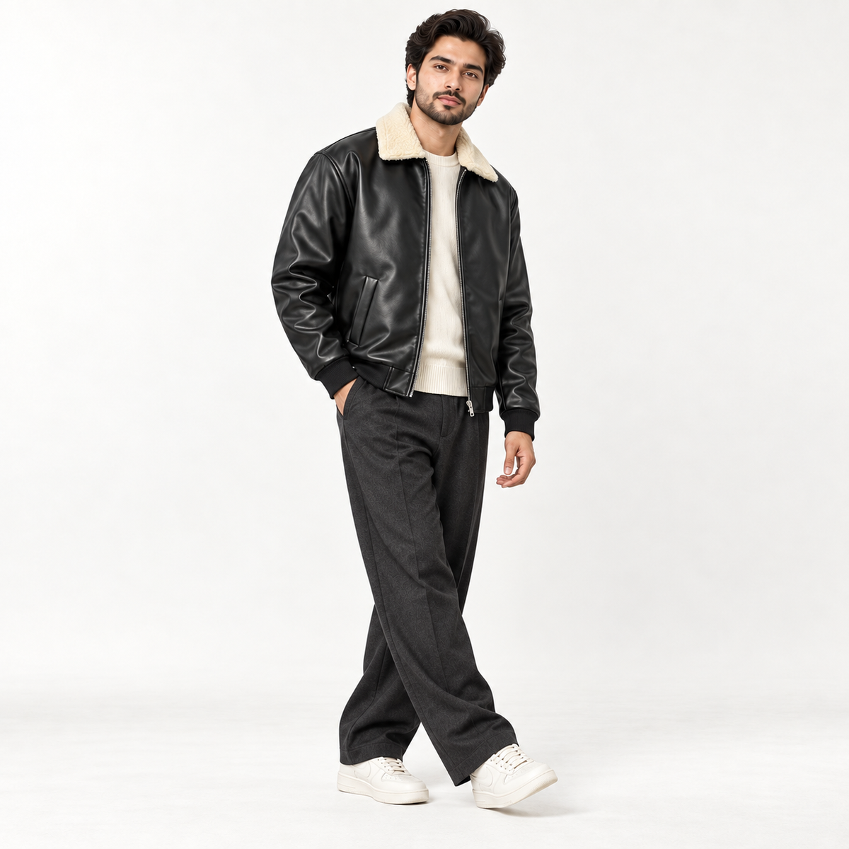 Leather Jacket with White Furr Collar