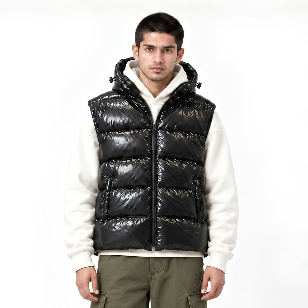 Black Shiny Padded Jacket with Removable Hood