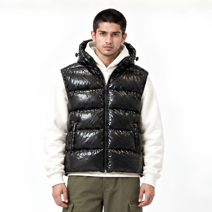 Black Shiny Padded Jacket with Removable Hood