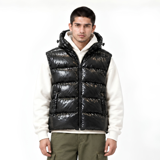 Black Shiny Padded Jacket with Removable Hood