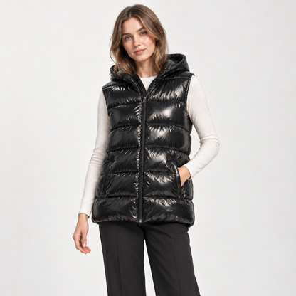 Black Shiny Padded Jacket with Removable Hood