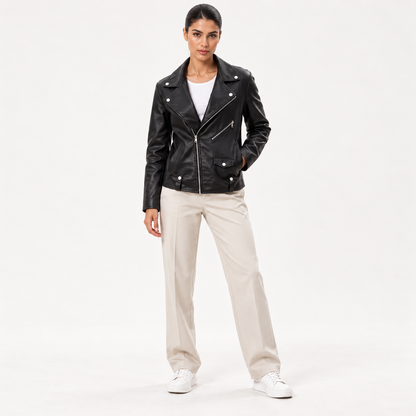 Black Leather Jacket with Shiny Zip