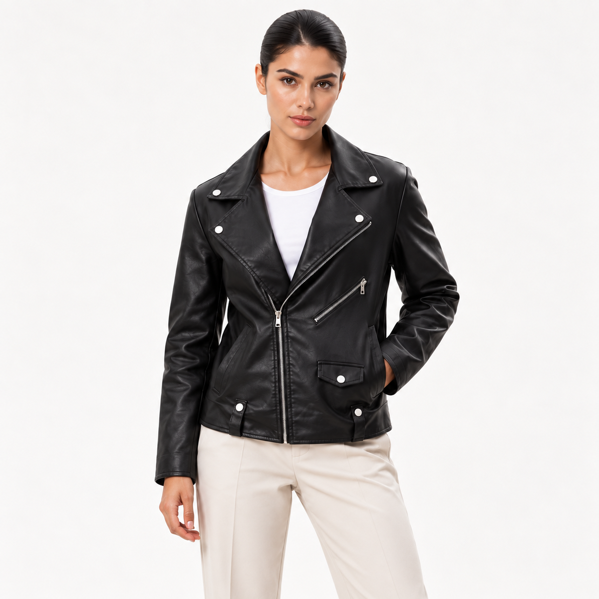 Black Leather Jacket with Shiny Zip