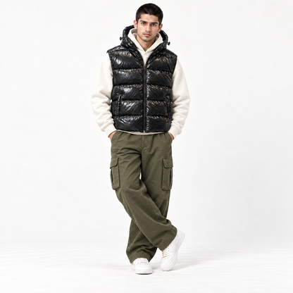 Black Shiny Padded Jacket with Removable Hood