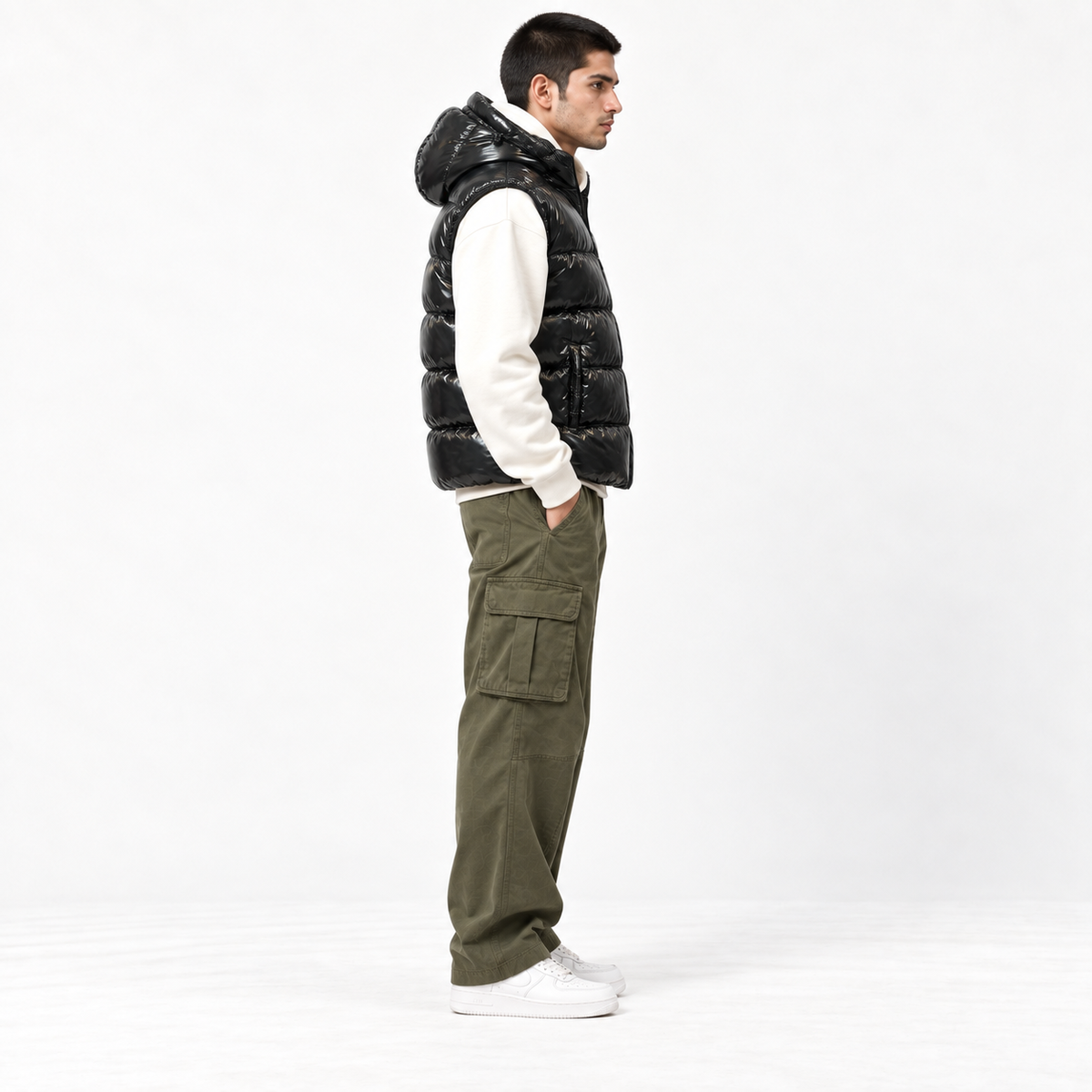 Black Shiny Padded Jacket with Removable Hood