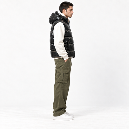 Black Shiny Padded Jacket with Removable Hood