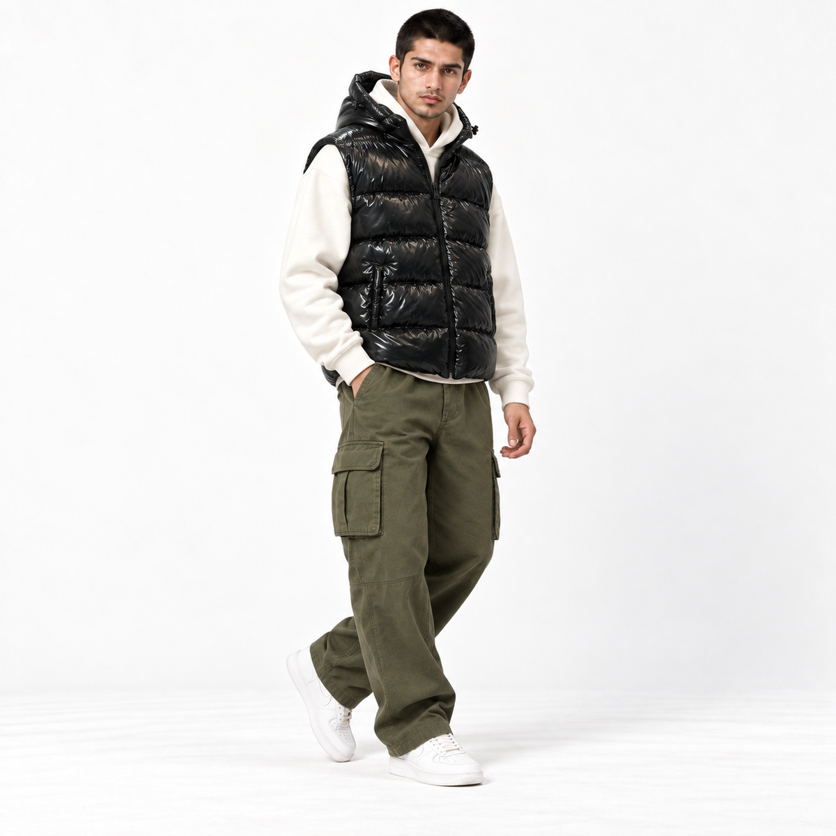 Black Shiny Padded Jacket with Removable Hood