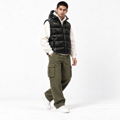Black Shiny Padded Jacket with Removable Hood