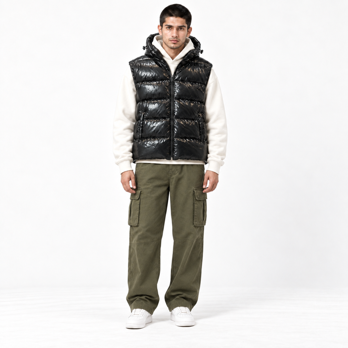 Black Shiny Padded Jacket with Removable Hood