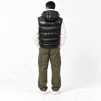 Black Shiny Padded Jacket with Removable Hood