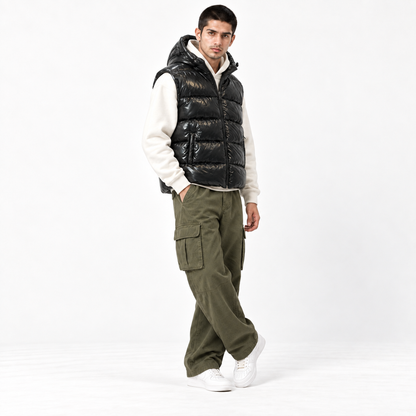 Black Shiny Padded Jacket with Removable Hood