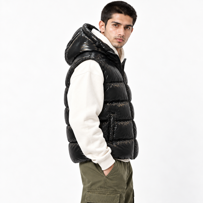 Black Shiny Padded Jacket with Removable Hood