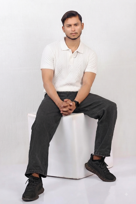 Lightweight CableKnit Texture Polo - Rich White