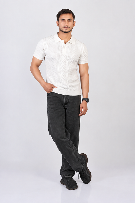 Lightweight CableKnit Texture Polo - Rich White