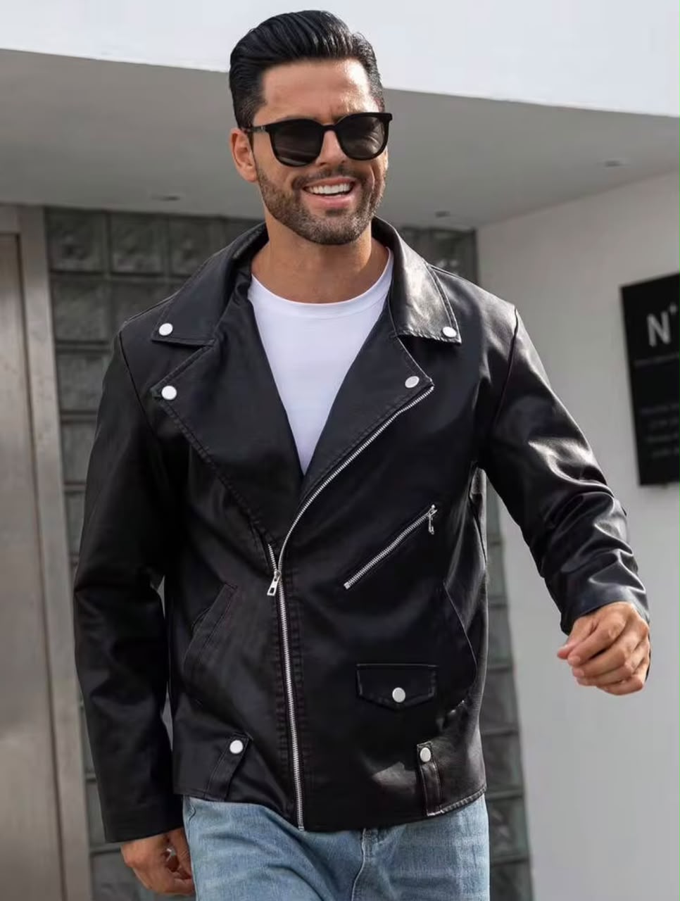 Black Leather Jacket with Shiny Zip