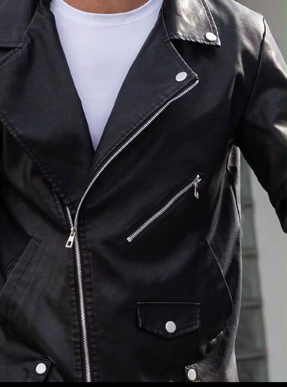Black Leather Jacket with Shiny Zip