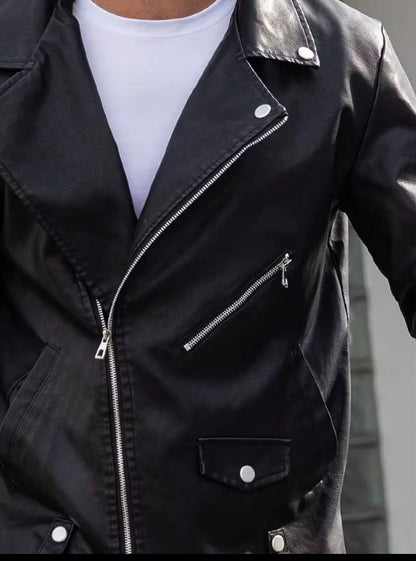 Black Leather Jacket with Shiny Zip
